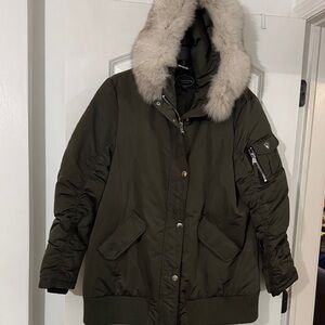 1 Madison Olive Puffer Jacket with Faux Fur Hood
